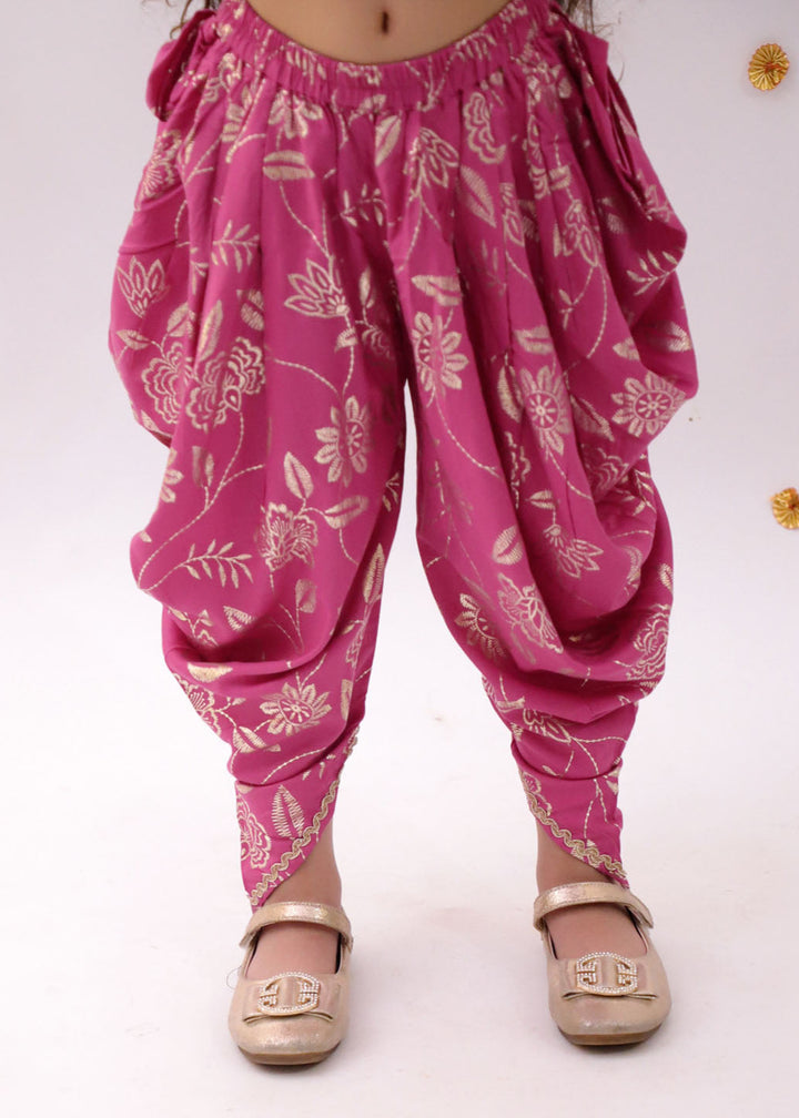 Pink Floral Printed Crop Top With Dhoti Set