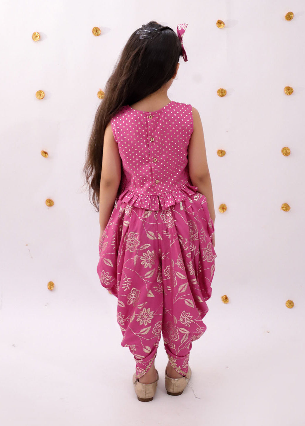 Pink Floral Printed Crop Top With Dhoti Set
