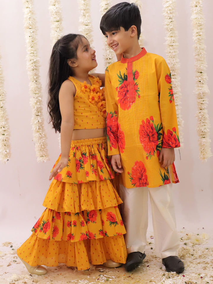 Genda Phool Mustard Floral Printed Choli With Lehenga Set