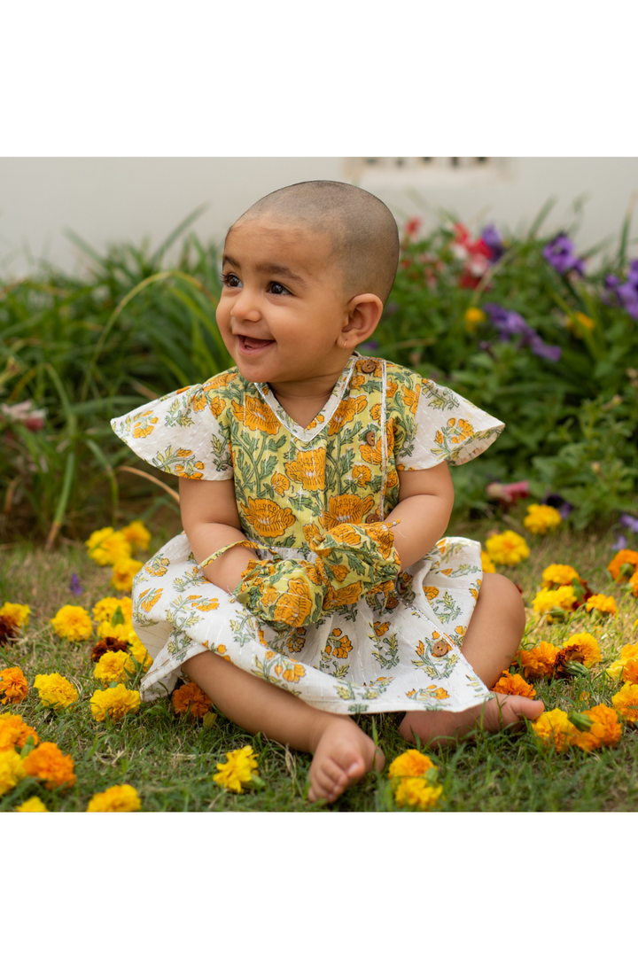 Yellow Marigold Handblock Printed Cotton Jamna Set For Girls