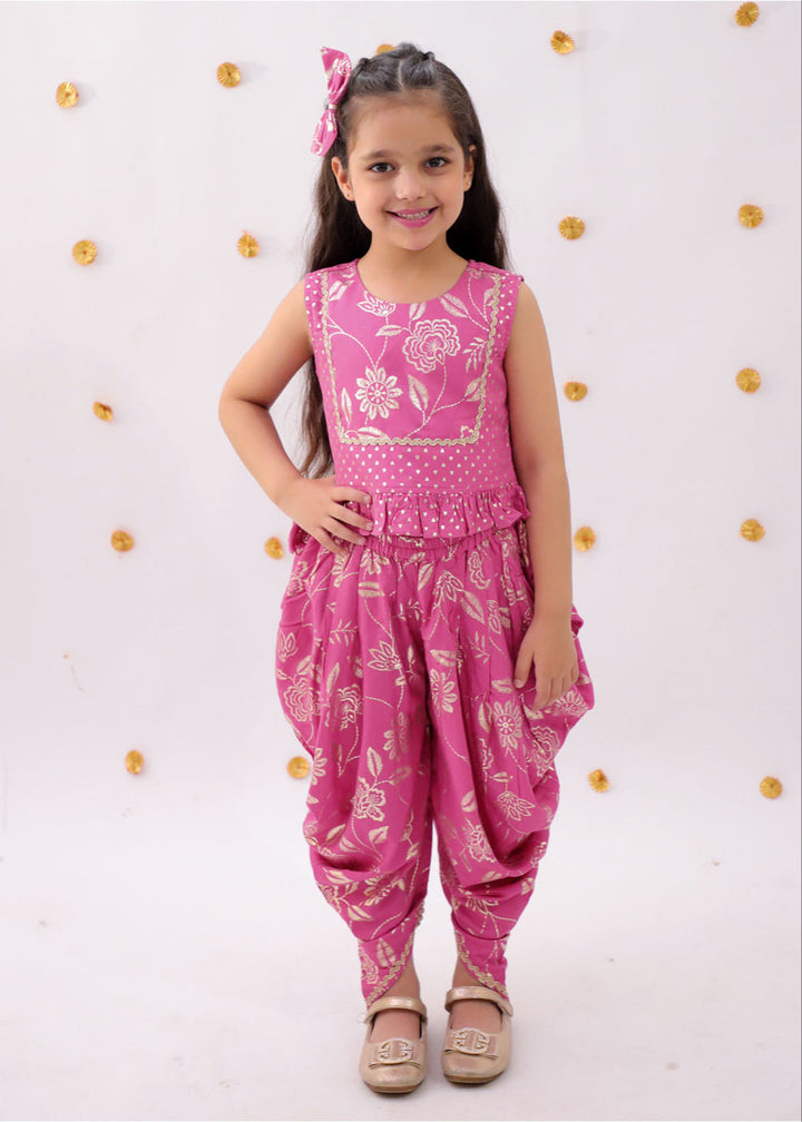 Pink Floral Printed Crop Top With Dhoti Set