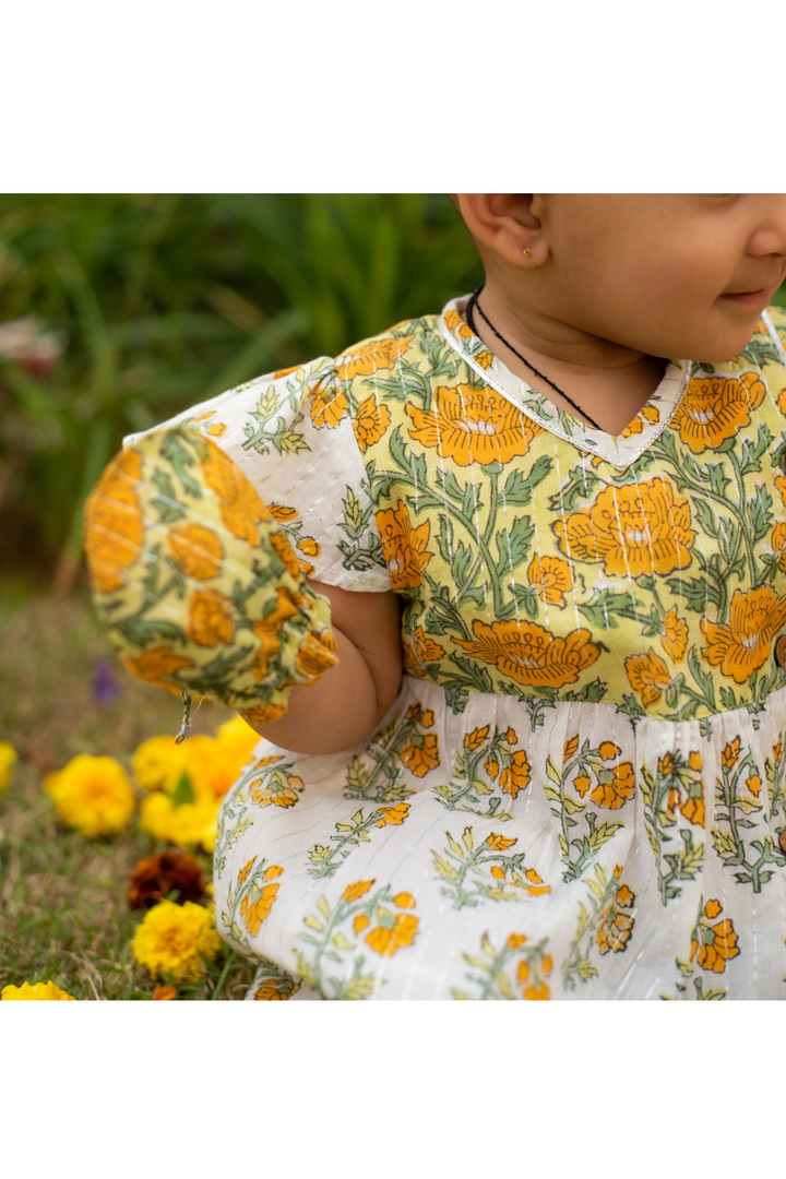 Yellow Marigold Handblock Printed Cotton Jamna Set For Girls