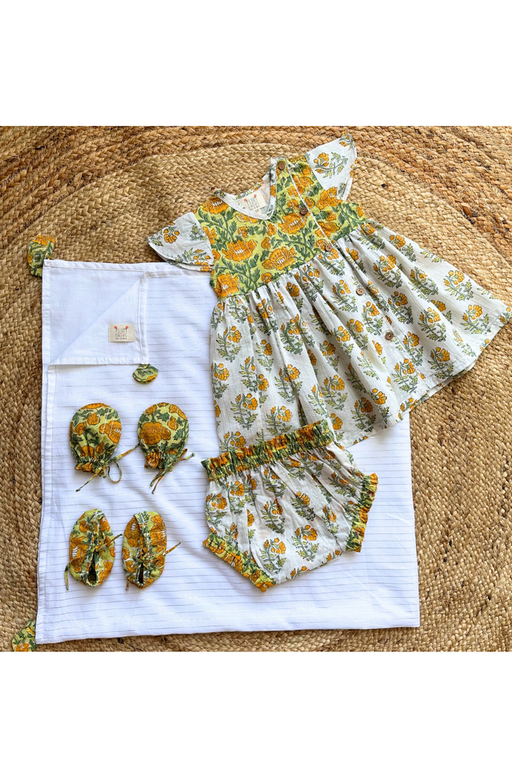 Yellow Marigold Handblock Printed Cotton Jamna Set For Girls