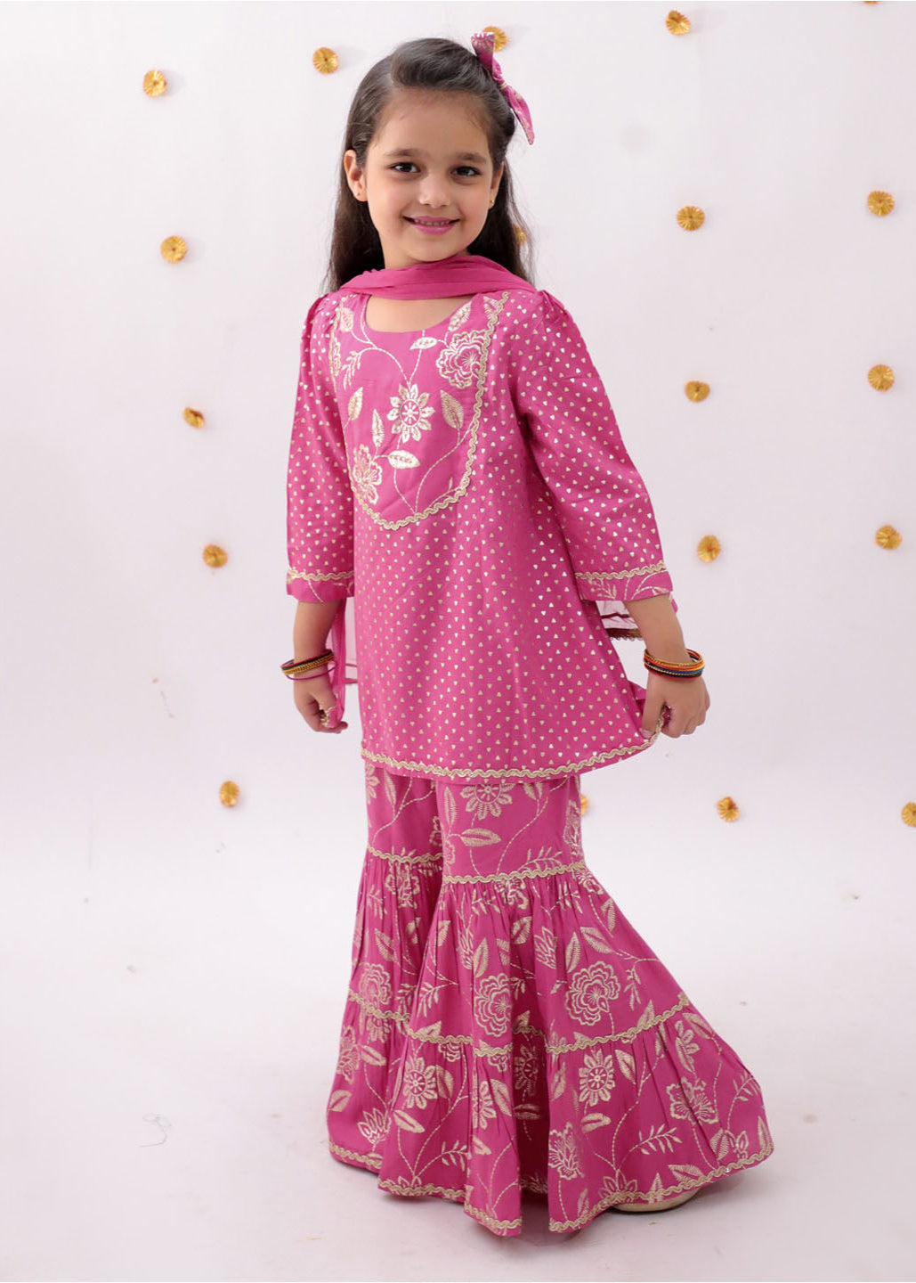 Pink Heart Pattern Foil Printed Kurta With Sharara And Dupatta Set