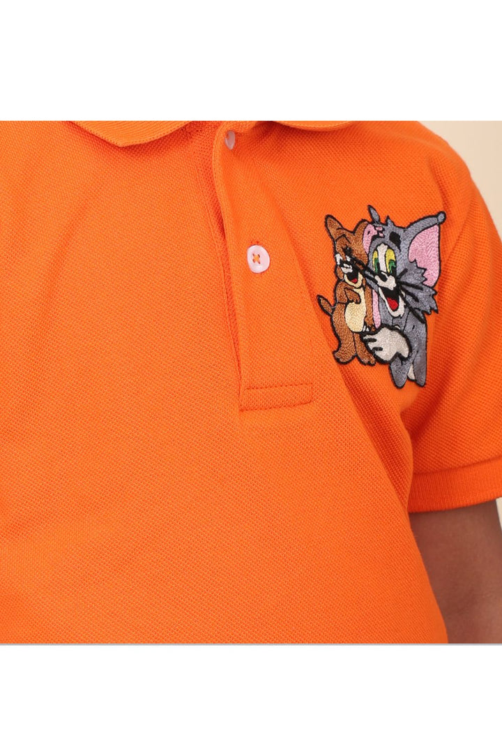 Orange Hand Embroidered Tom And Jerry Polo T-shirt