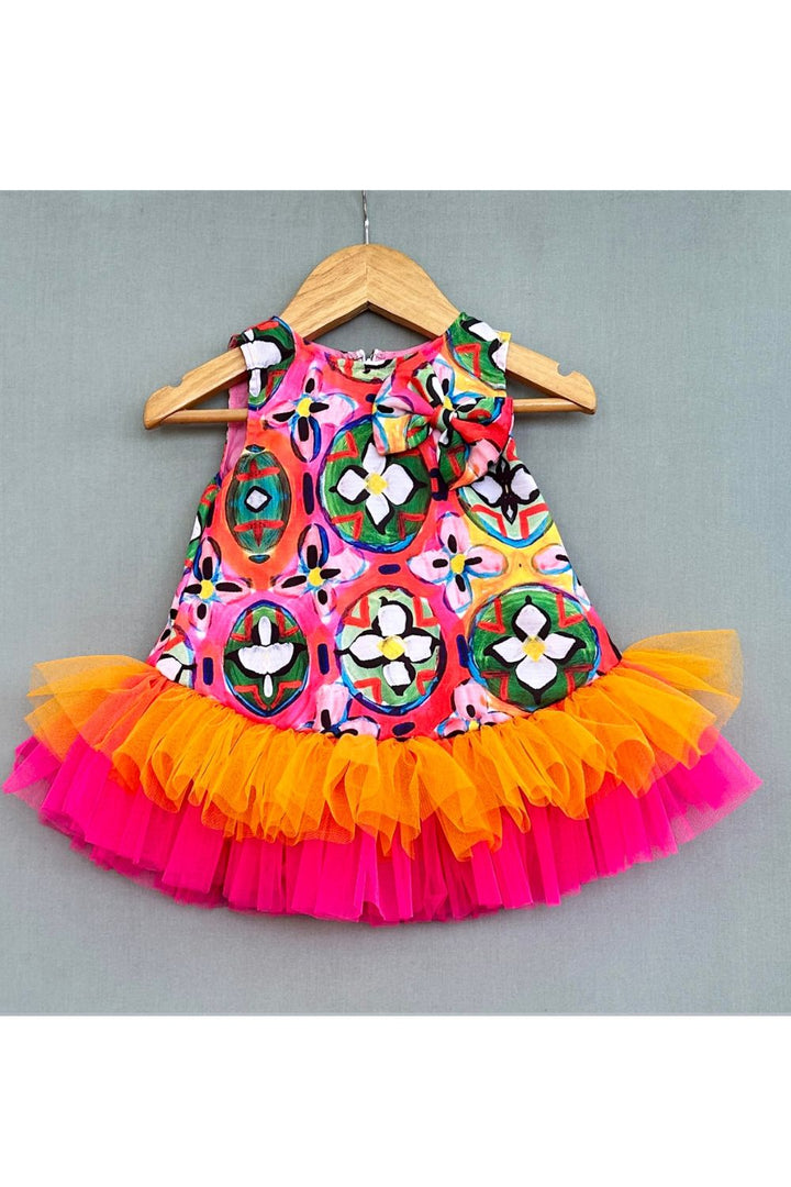 Multicolour Abstract Printed Dress With Colourful Frills