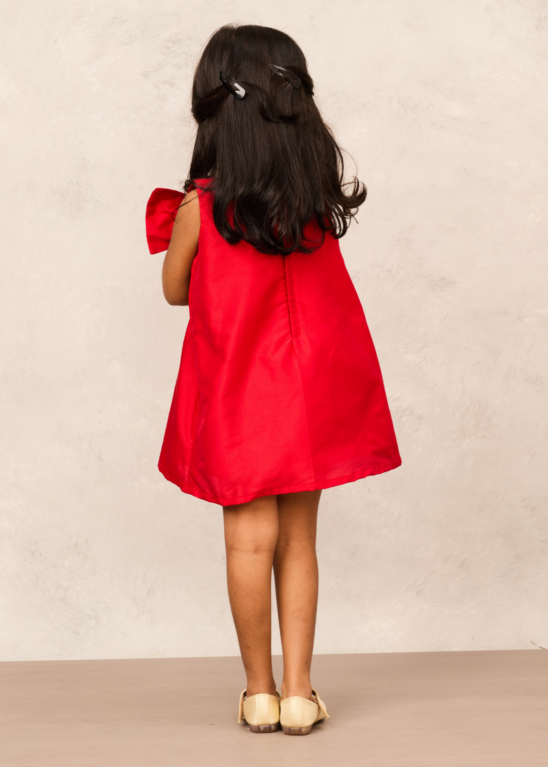 Red Taffeta With Box Pleats & Bow Party Dress