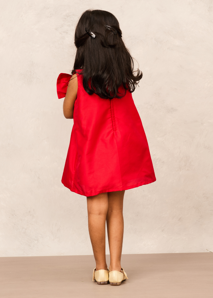 Red Taffeta With Box Pleats & Bow Party Dress