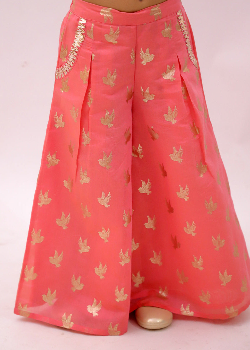 Mishti Peach Bird Printed Top With Palazzo Set