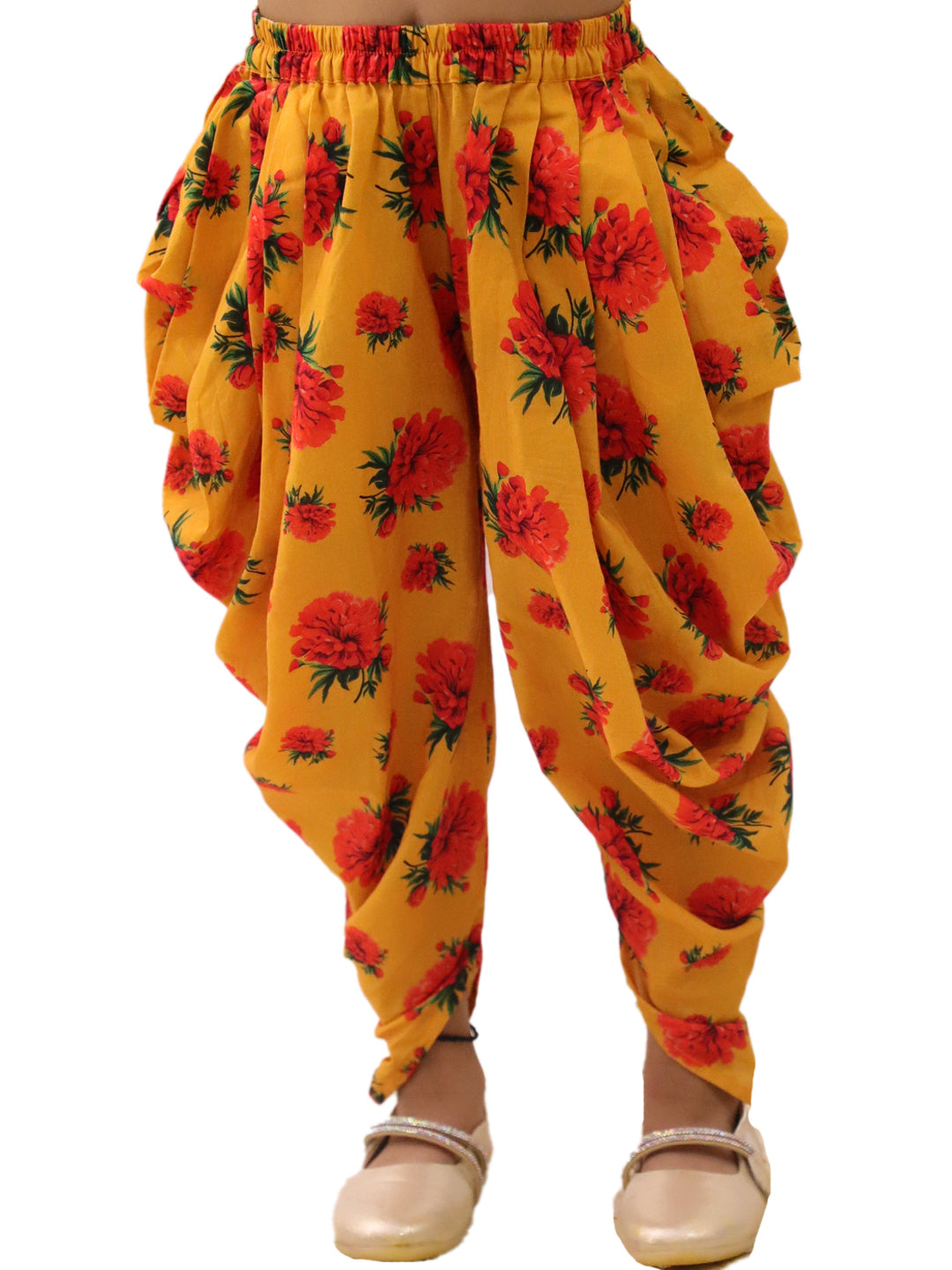 Genda Phool Mustard Floral Printed Crop Top With Dhoti Set