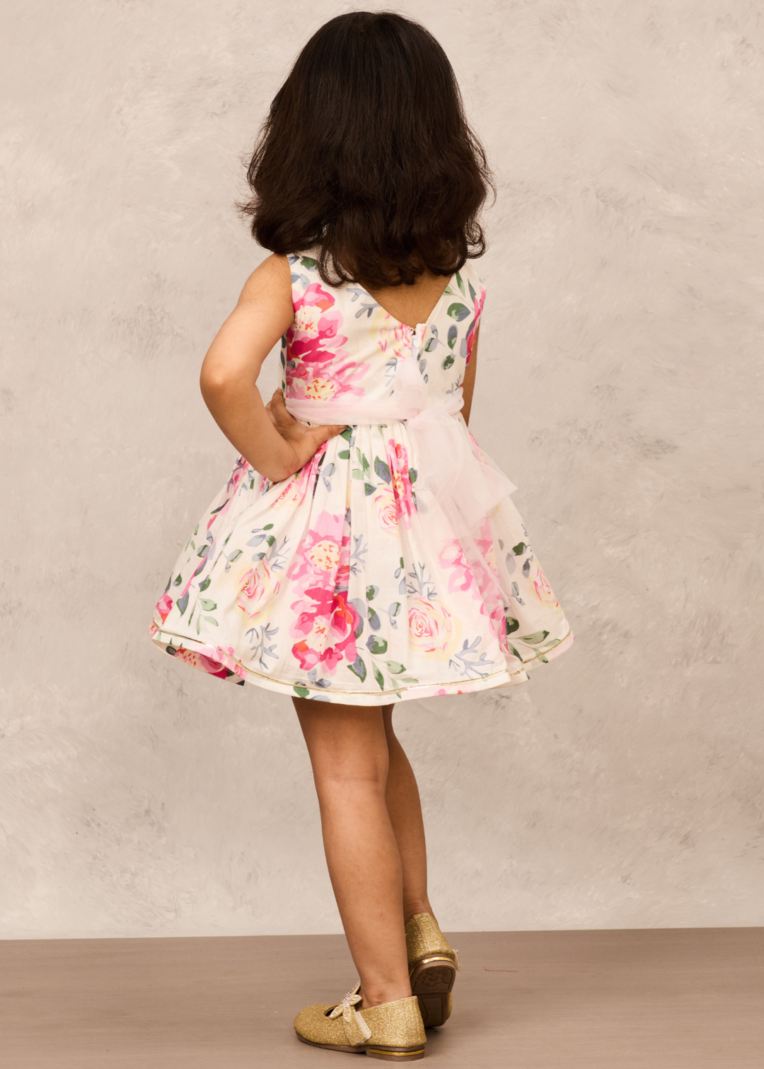 Pink Floral Printed Cotton With Big Pink Taffeta Flower Dress