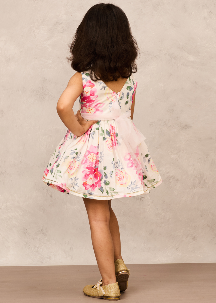 Pink Floral Printed Cotton With Big Pink Taffeta Flower Dress
