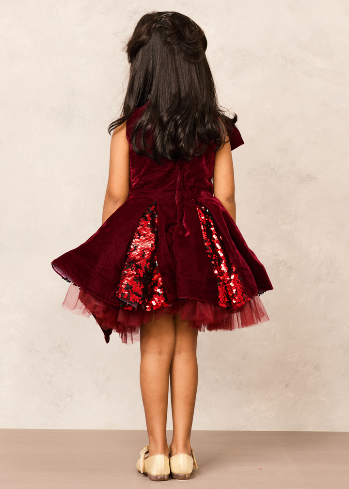 Maroon Velvet Handcrafted Sequence Net Dress