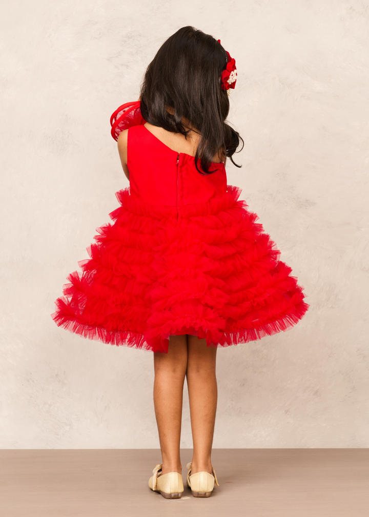 Red Pearl Work Detailing One Shoulder Ruffle Dress