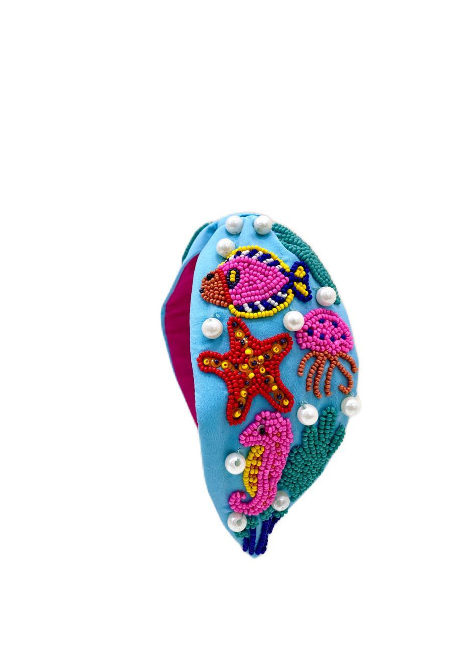 Blue Ocean Beaded Embroidered Hairband