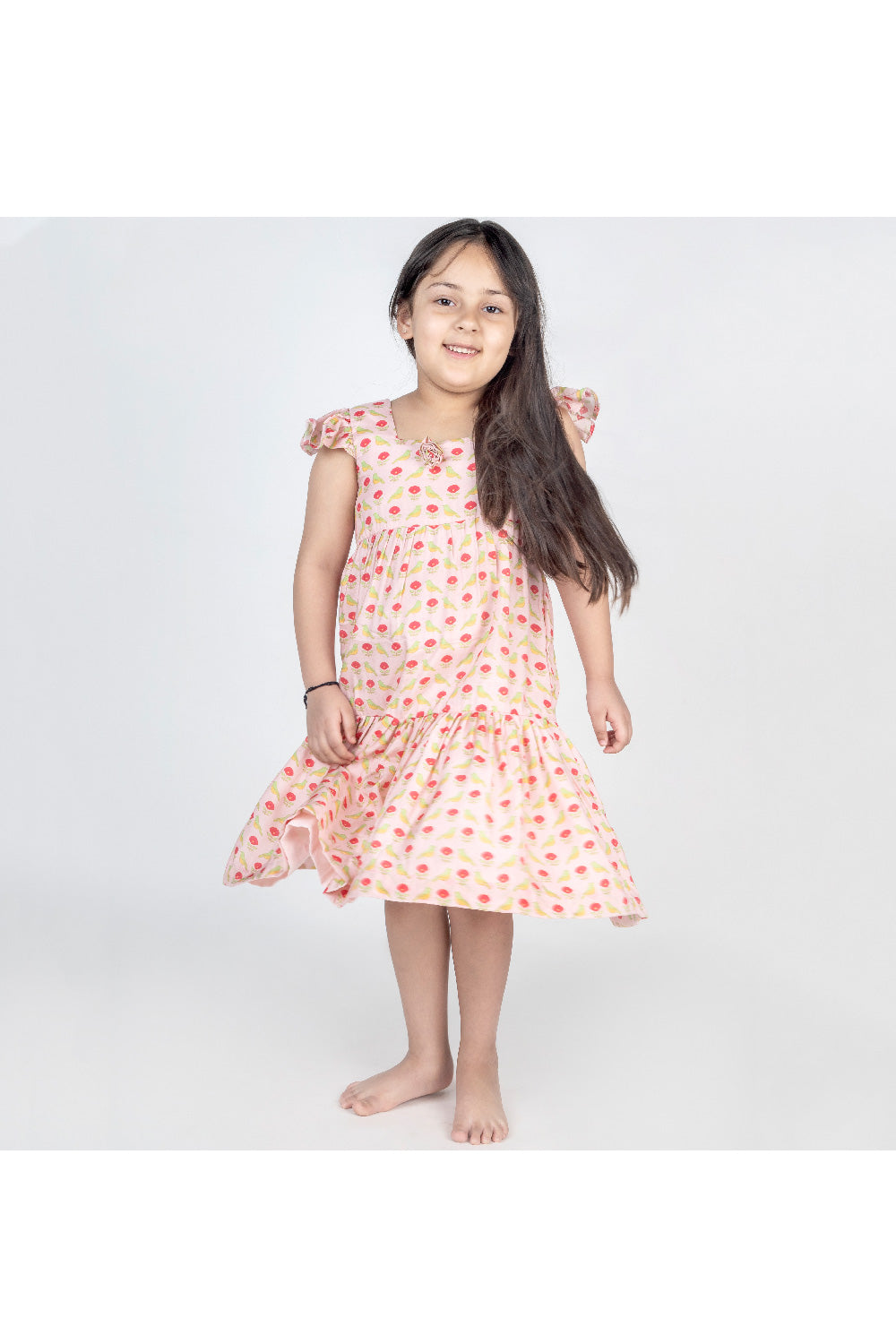 Peach Bird Printed Muslin Dress