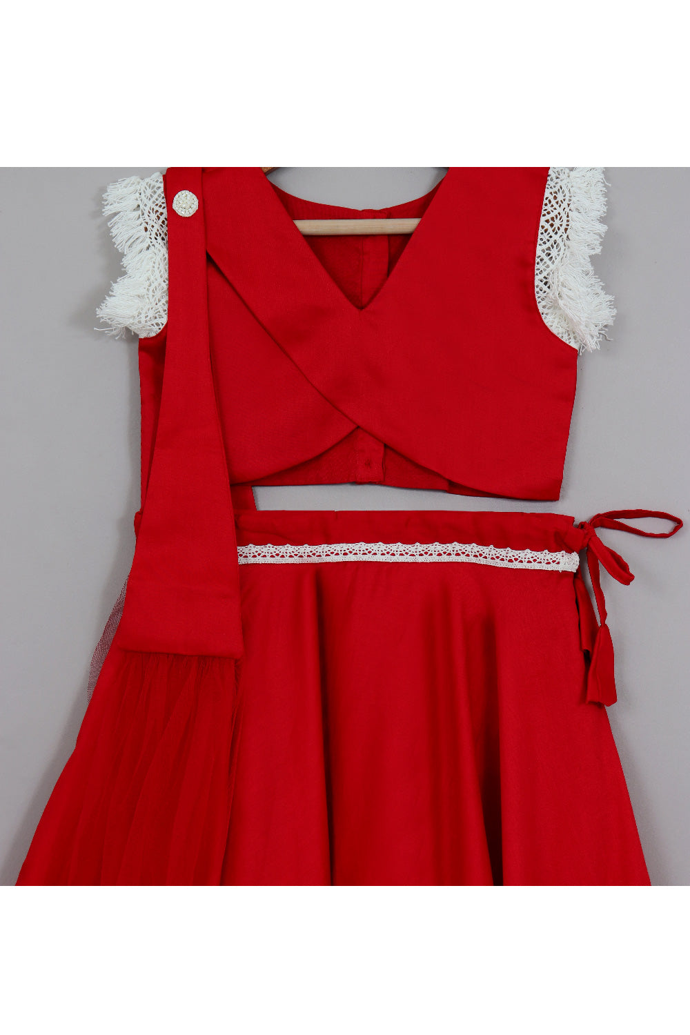 Red Lace Embellished Top With Floral Dori Embroidered Lehenga Set
