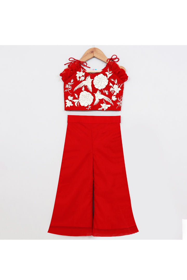 Red Floral Thread And Zari Embroidery Top With Pant Set