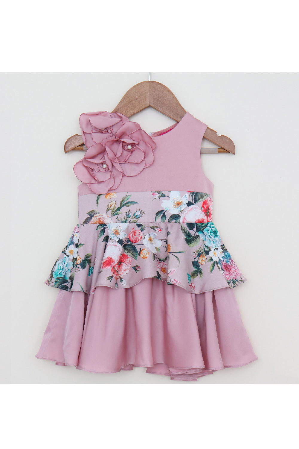 Rose Pink Handmade Flower Detailing Satin Dress