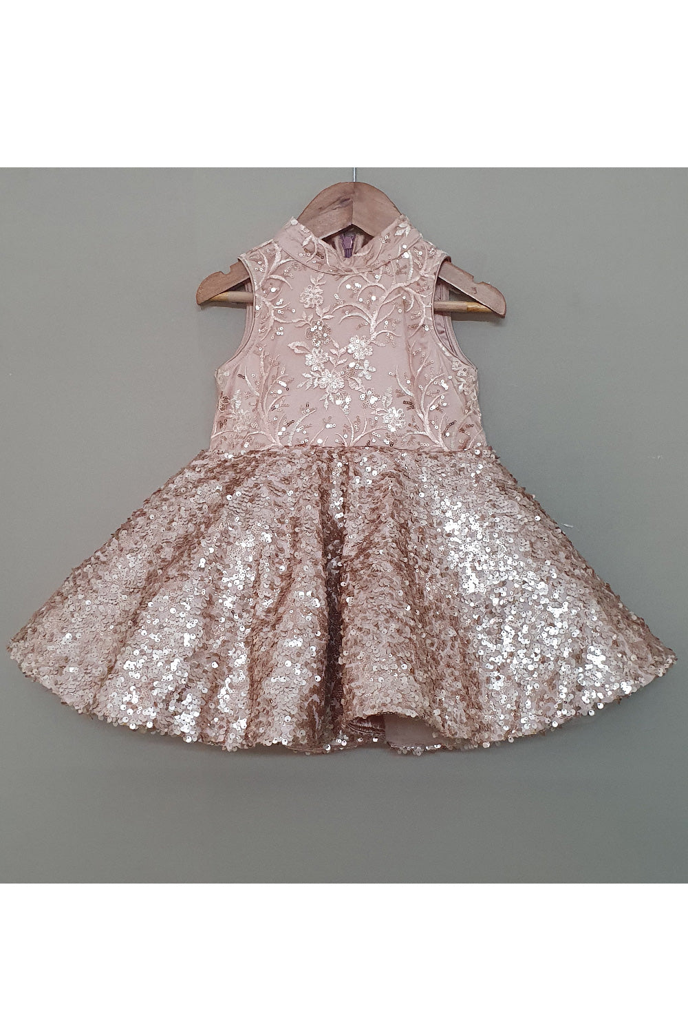 Rose Gold Sequins And Floral Embroidered Net Dress