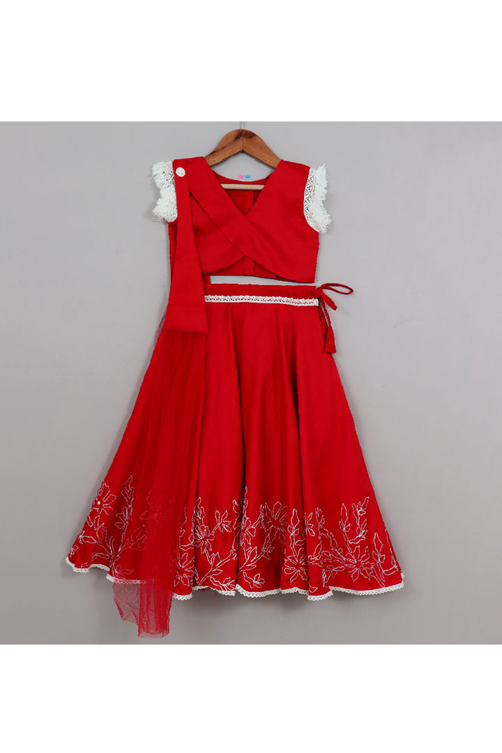 Red Lace Embellished Top With Floral Dori Embroidered Lehenga Set