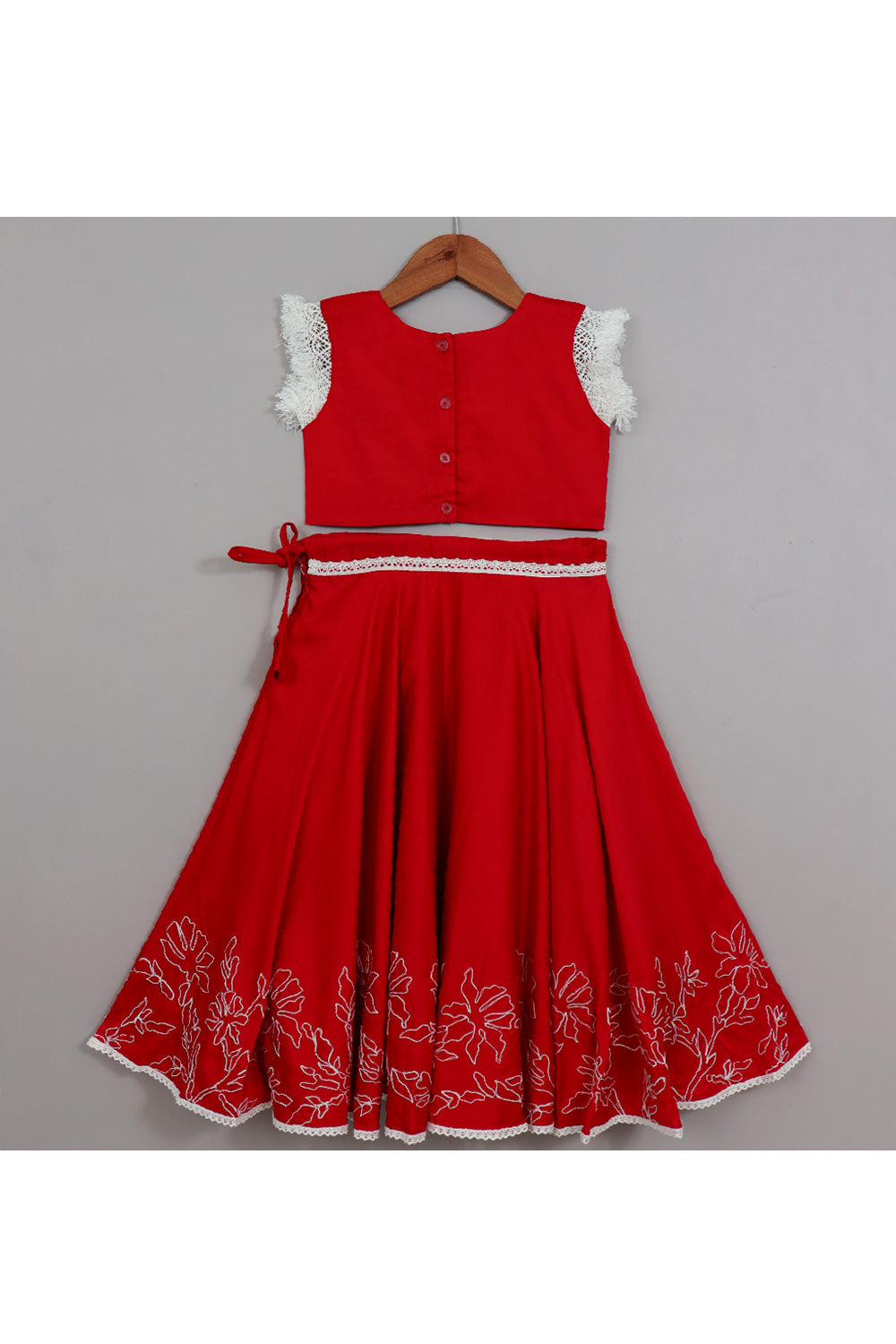Red Lace Embellished Top With Floral Dori Embroidered Lehenga Set