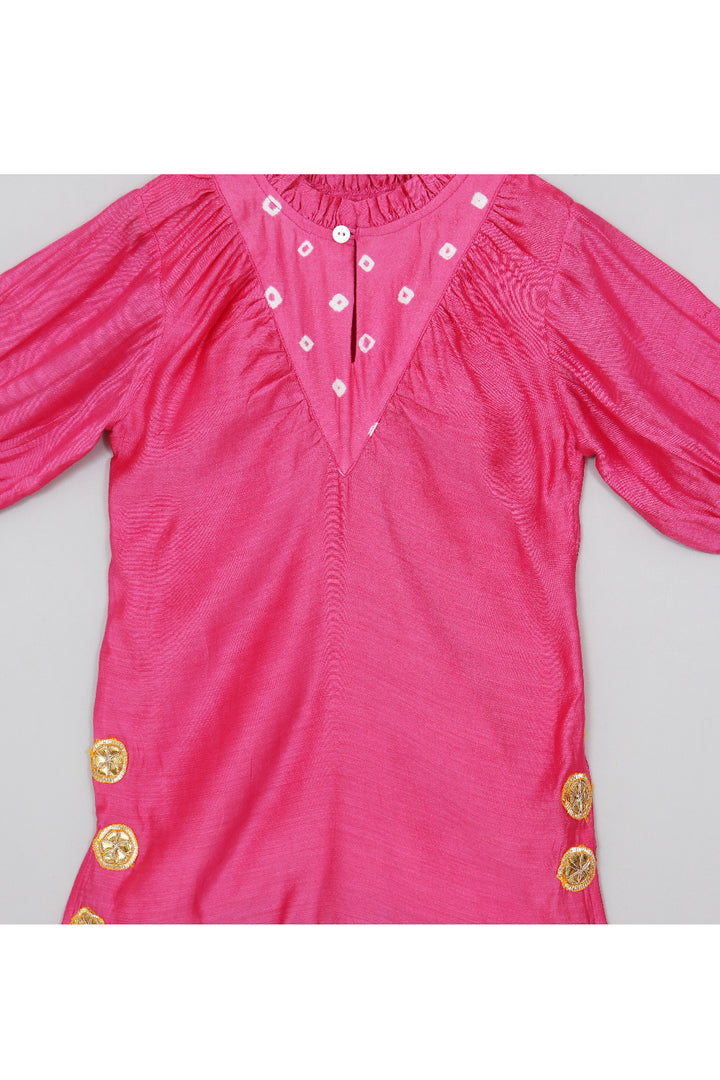 Pink Floral Embroidered And Gota Detailing Detailing Puff Sleeves Dress