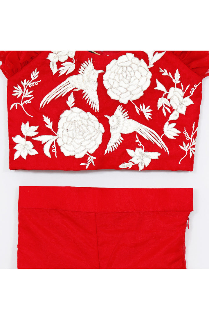 Red Floral Thread And Zari Embroidery Top With Pant Set