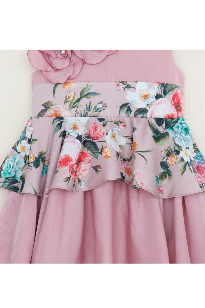 Rose Pink Handmade Flower Detailing Satin Dress