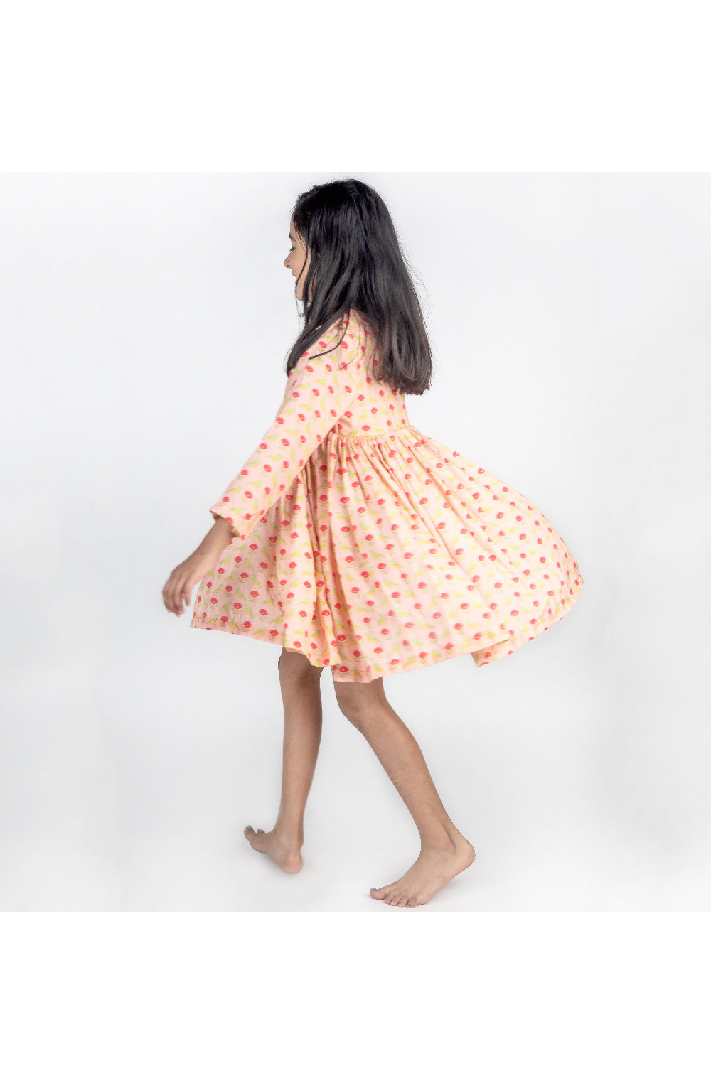 Peach Bird Printed Flared Muslin Dress
