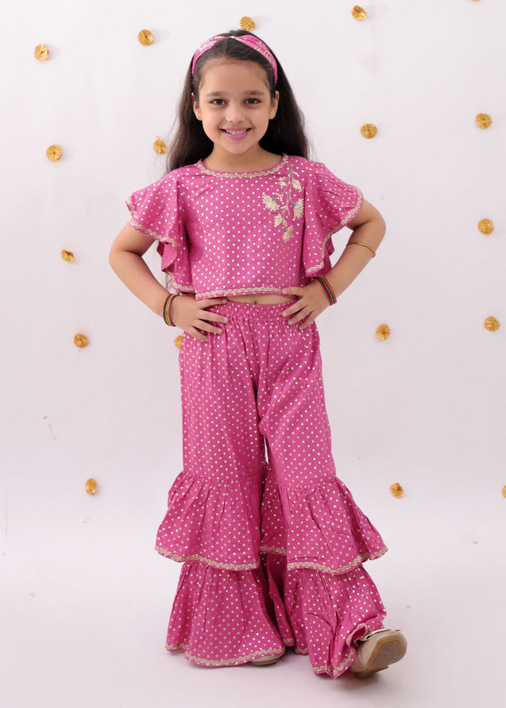 Pink Heart Pattern Foil Printed Crop Top With Flare Pant Set