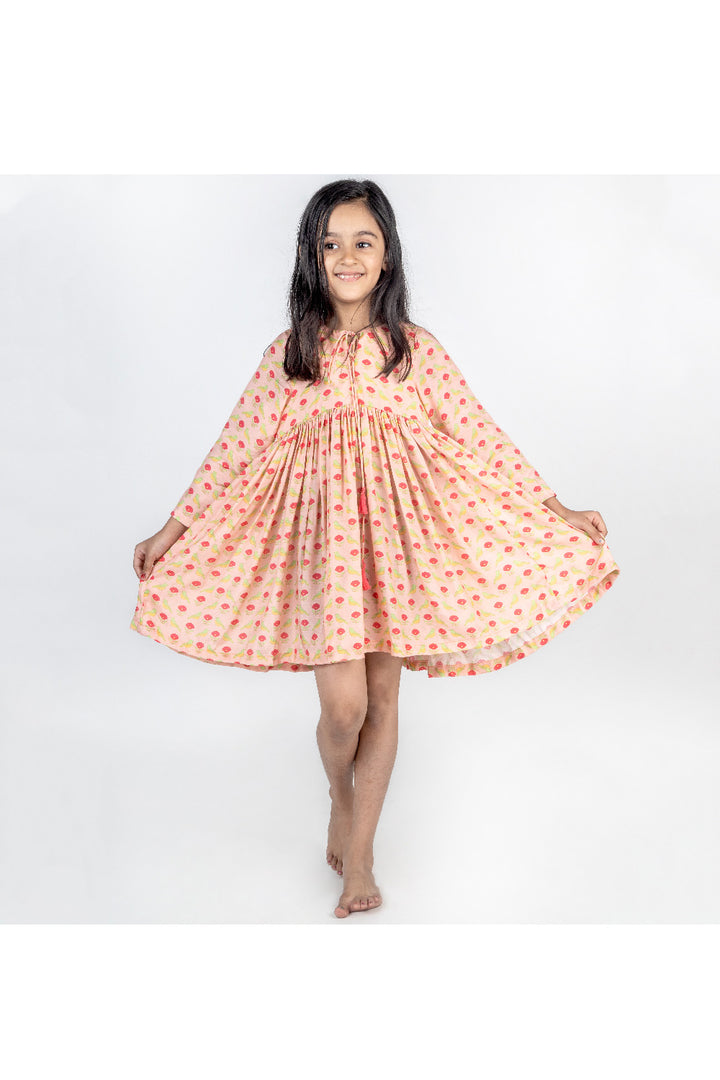 Peach Bird Printed Flared Muslin Dress