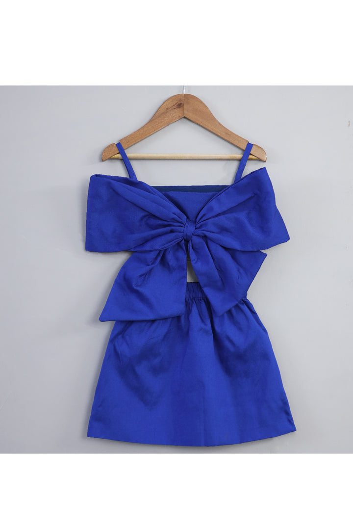 Blue Big Bow Detailing Silk Sleeveless Top With Short Set