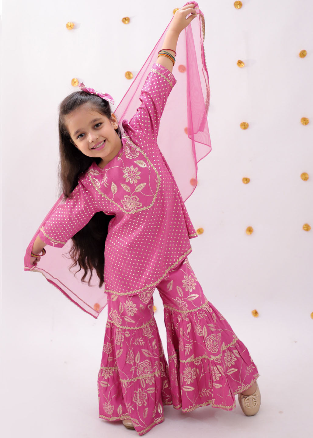 Pink Heart Pattern Foil Printed Kurta With Sharara And Dupatta Set