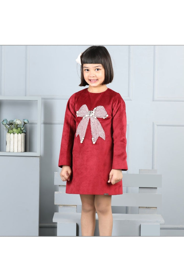 Maroon Velvet With Embellished Bow Dress