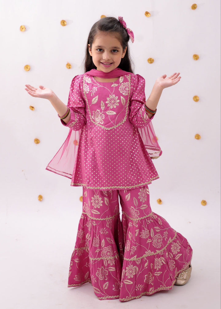Pink Heart Pattern Foil Printed Kurta With Sharara And Dupatta Set