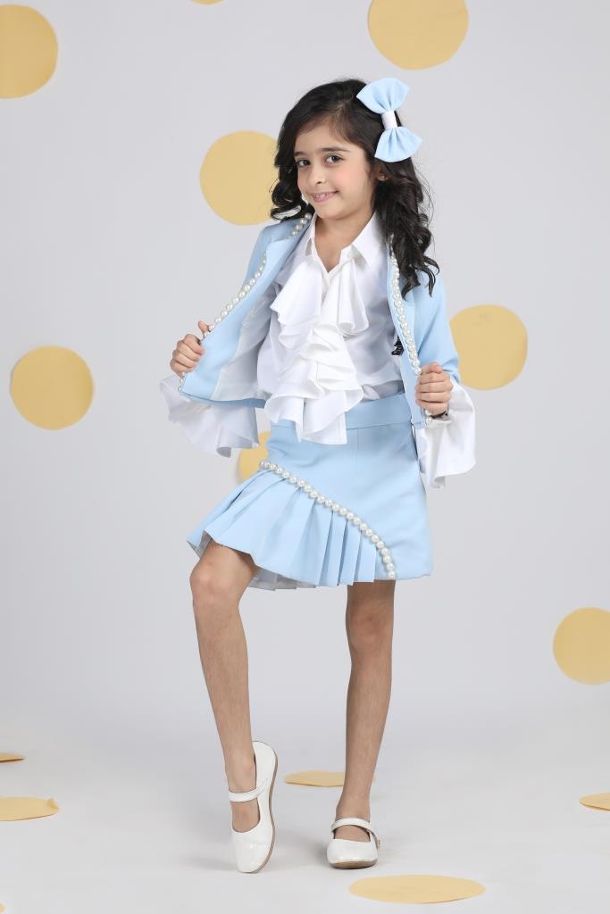 Ice Blue Pearl Embroidery Detailing With Pleated Skirt Co-ord Set