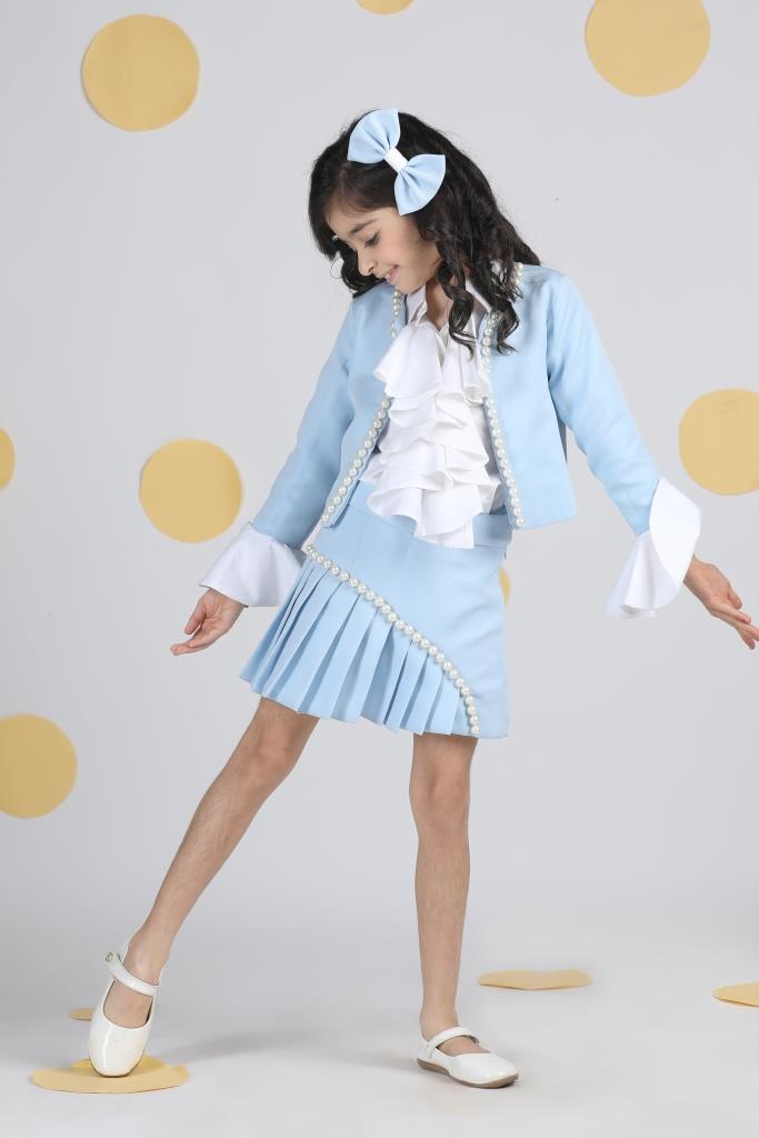 Ice Blue Pearl Embroidery Detailing With Pleated Skirt Co-ord Set