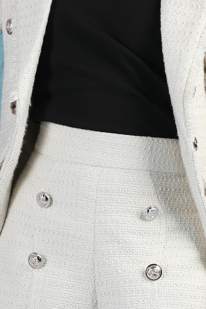 White Tweed Two Piece Button Detailing Woolen Co-ord Set