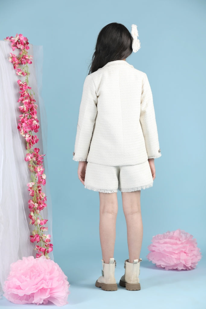 White Tweed Two Piece Button Detailing Woolen Co-ord Set