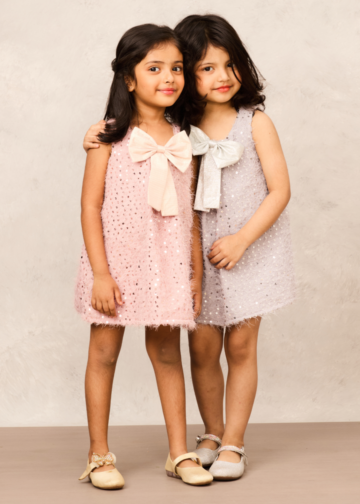 Grey Sequence With Bow Detailing A Line Dress
