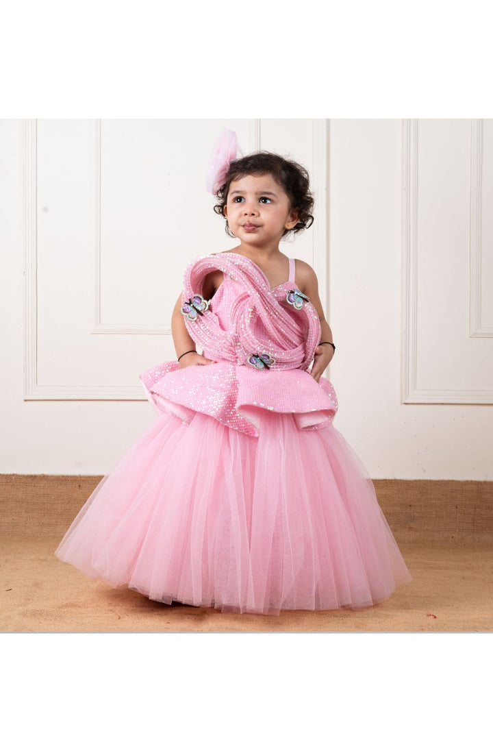 Pink Net Sequins Draped Butterfly Gown