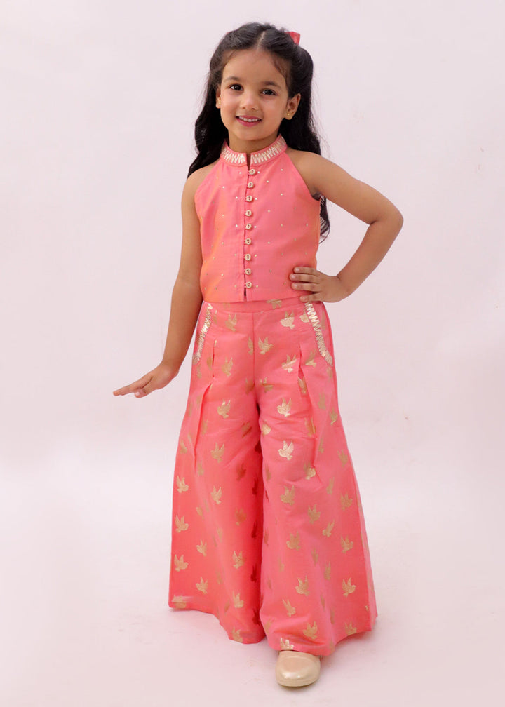 Mishti Peach Bird Printed Top With Palazzo Set