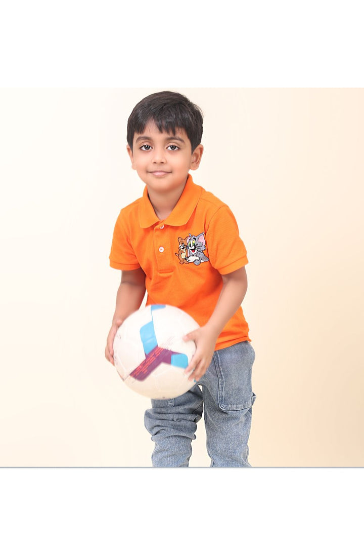 Orange Hand Embroidered Tom And Jerry Polo T-shirt