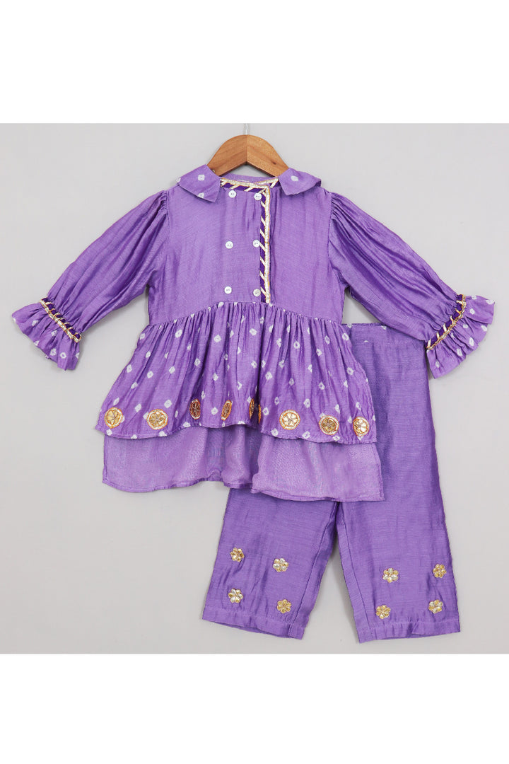 Lilac Lace Detailing And Floral Embroidered Peplum Top With Pant Set