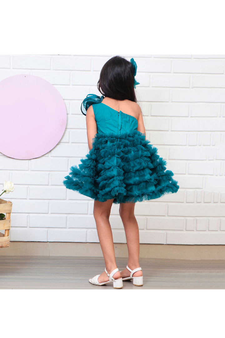 Teal Blue Big Bow Detailing One Shoulder Net Gown