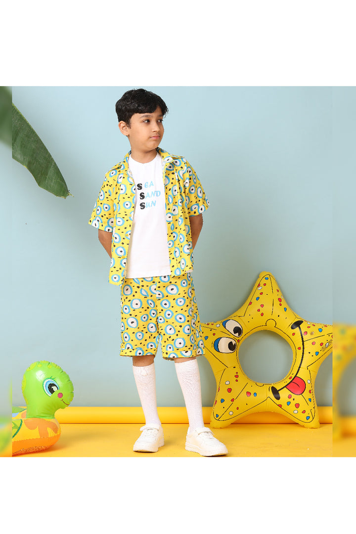 White T-Shirt With Yellow Evil Eye Printed Cotton Shirt And Short Set