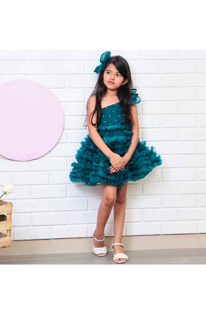 Teal Blue Big Bow Detailing One Shoulder Net Gown