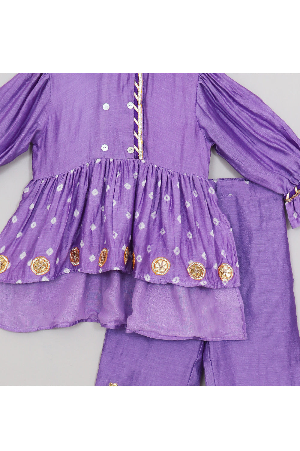 Lilac Lace Detailing And Floral Embroidered Peplum Top With Pant Set