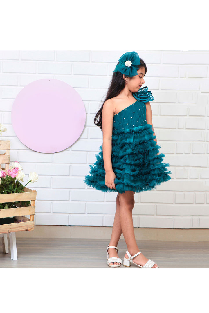 Teal Blue Big Bow Detailing One Shoulder Net Gown